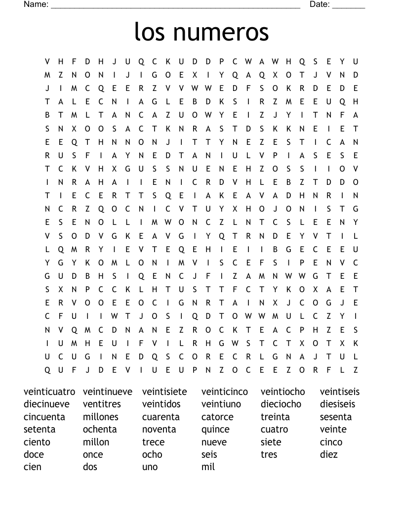 los numeros Word Search