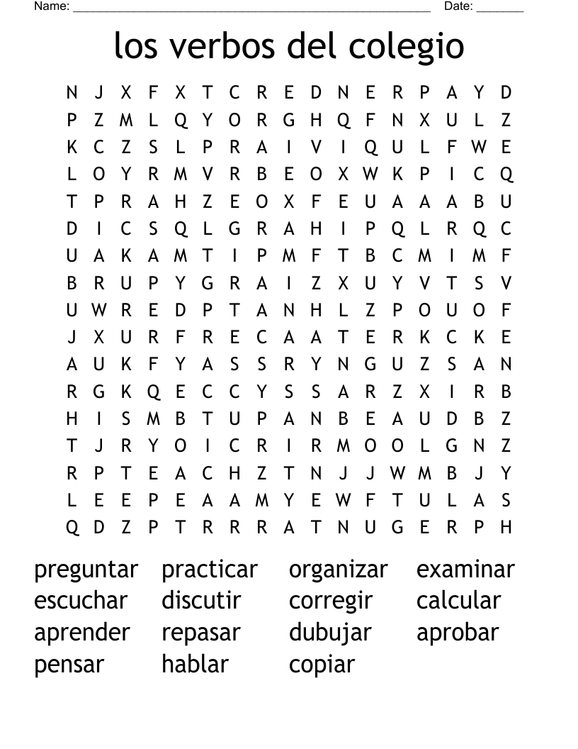 los verbos del colegio Word Search