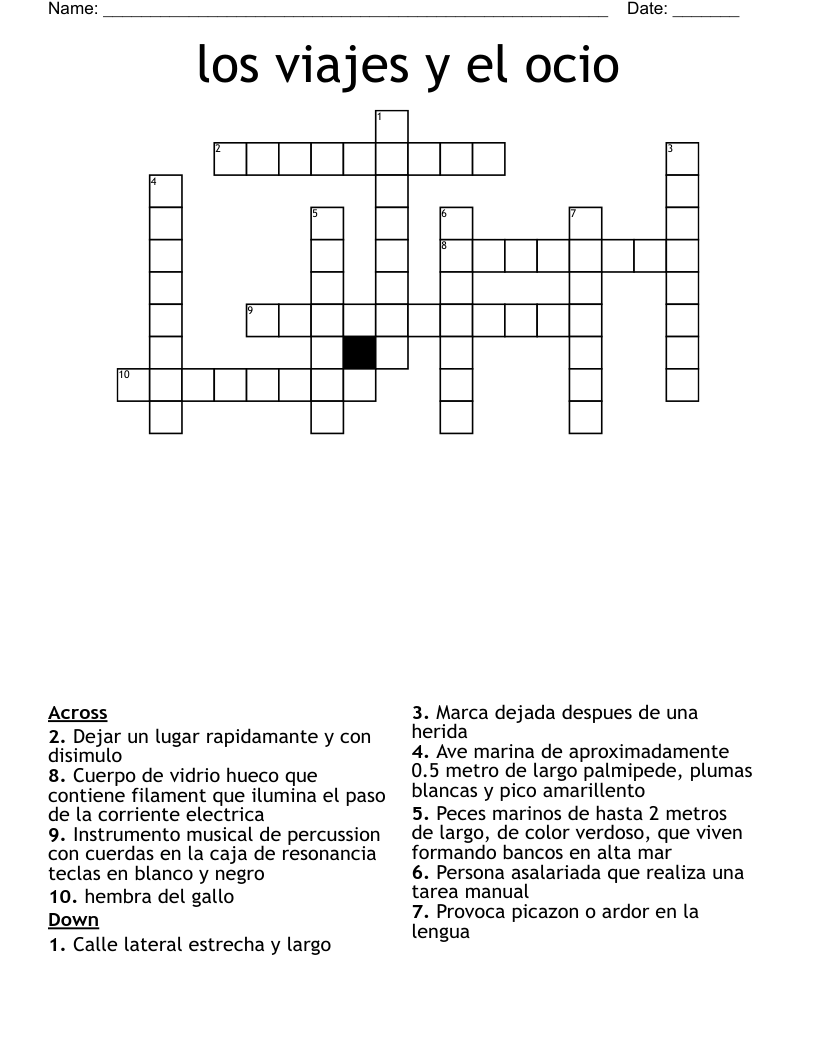 los viajes y el ocio Crossword