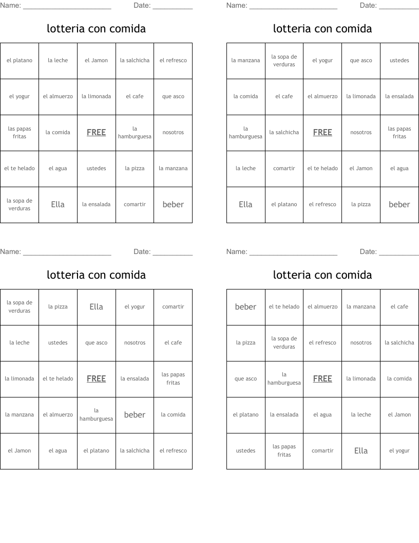 lotteria con comida Bingo Cards