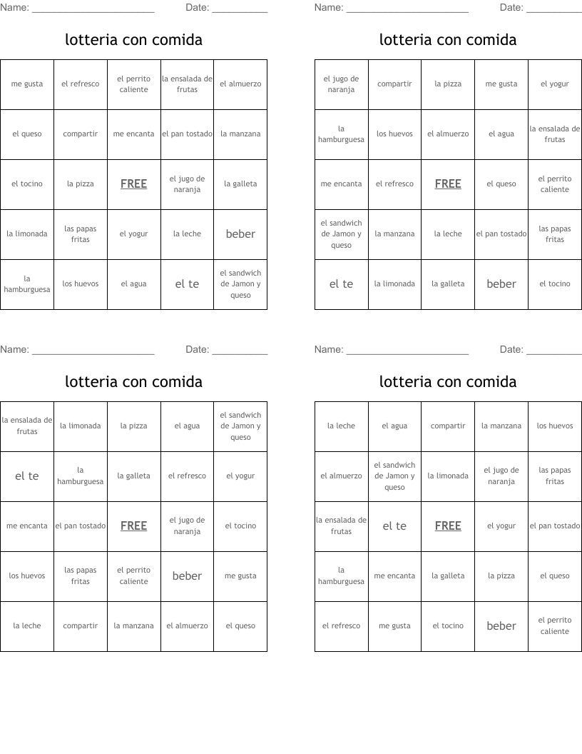 lotteria con comida Bingo Cards