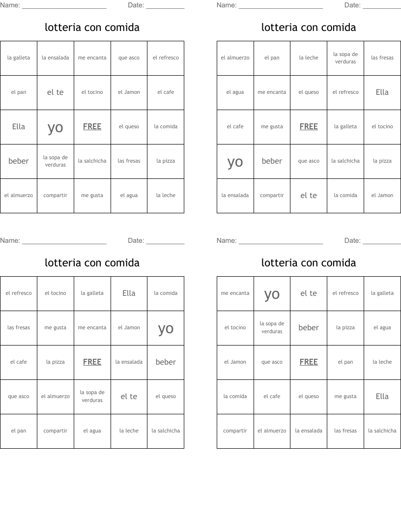 lotteria con comida Bingo Cards