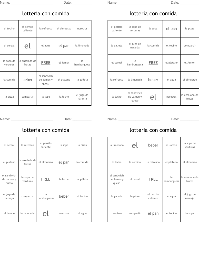 lotteria con comida  Bingo Cards