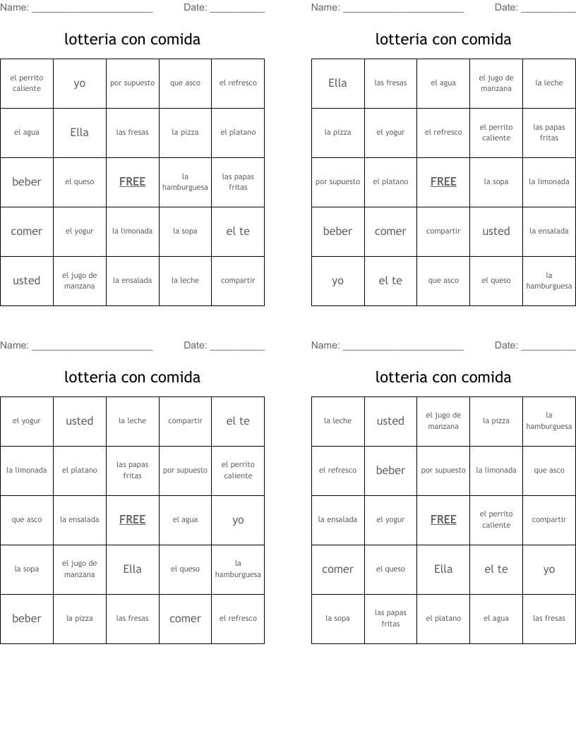 lotteria con comida  Bingo Cards