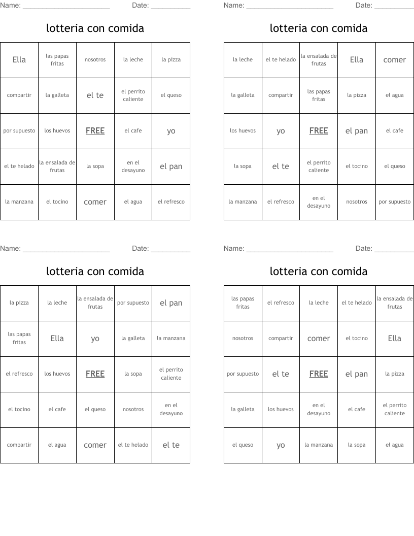 lotteria con comida  Bingo Cards