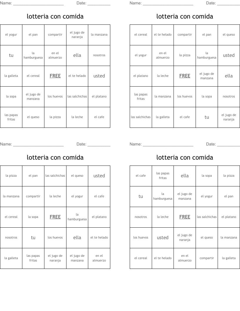 lotteria con comida  Bingo Cards