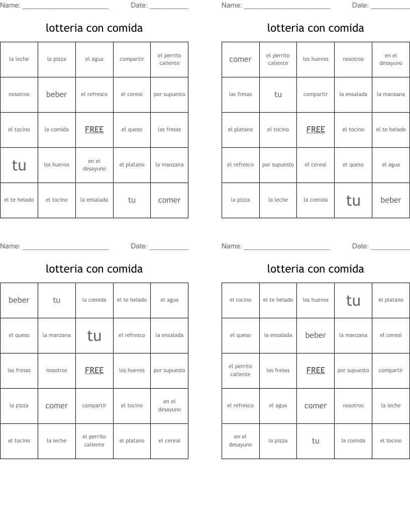 lotteria con comida  Bingo Cards