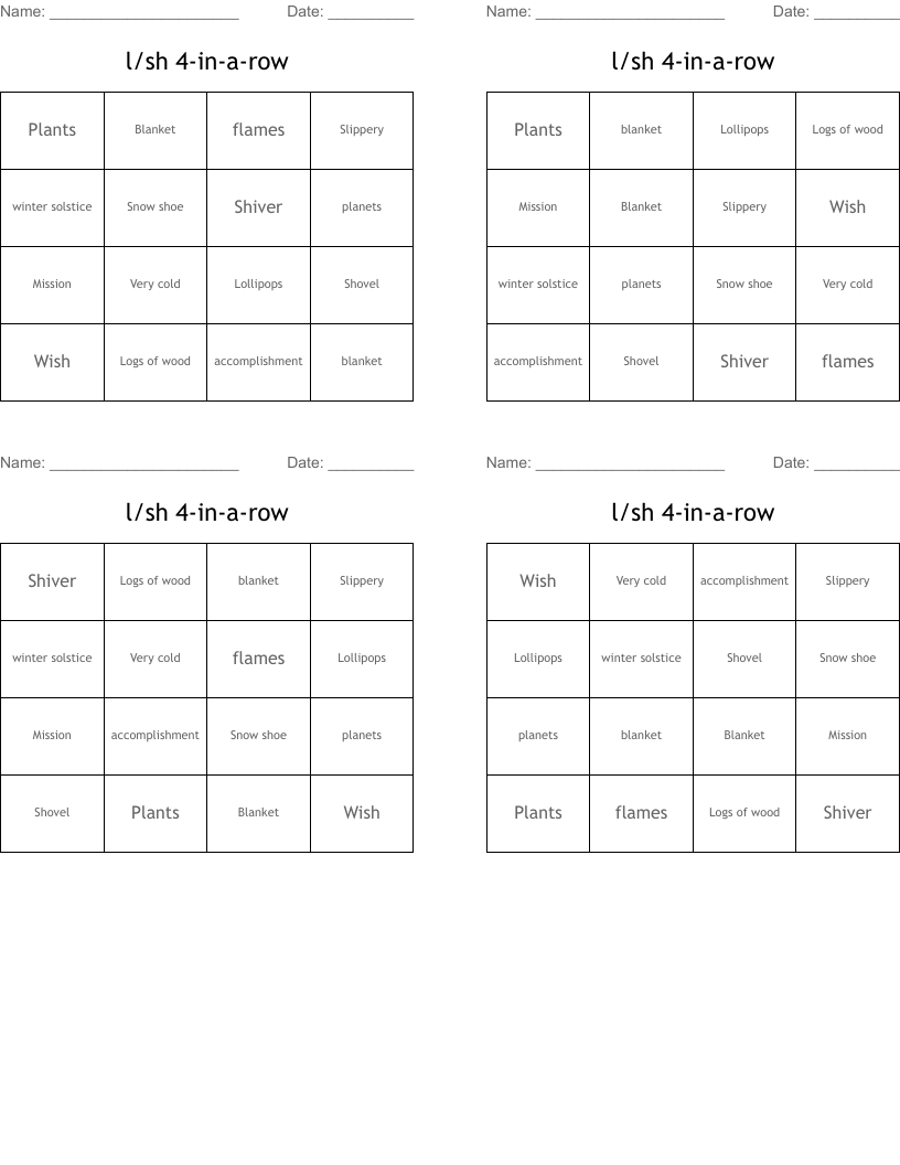 l/sh 4-in-a-row  Bingo Cards