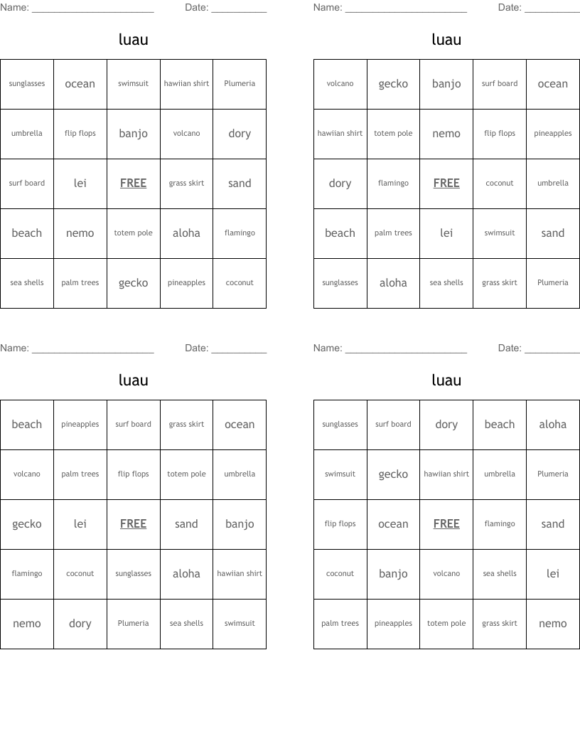 luau  Bingo Cards