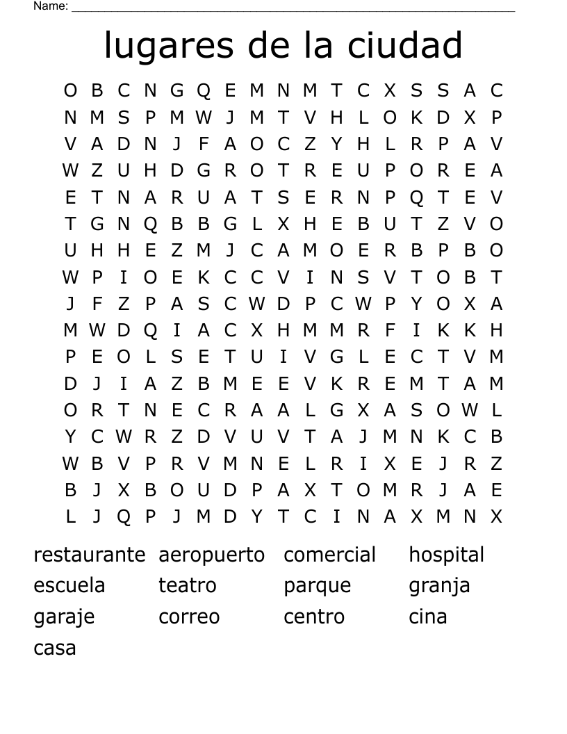 lugares de la ciudad Word Search