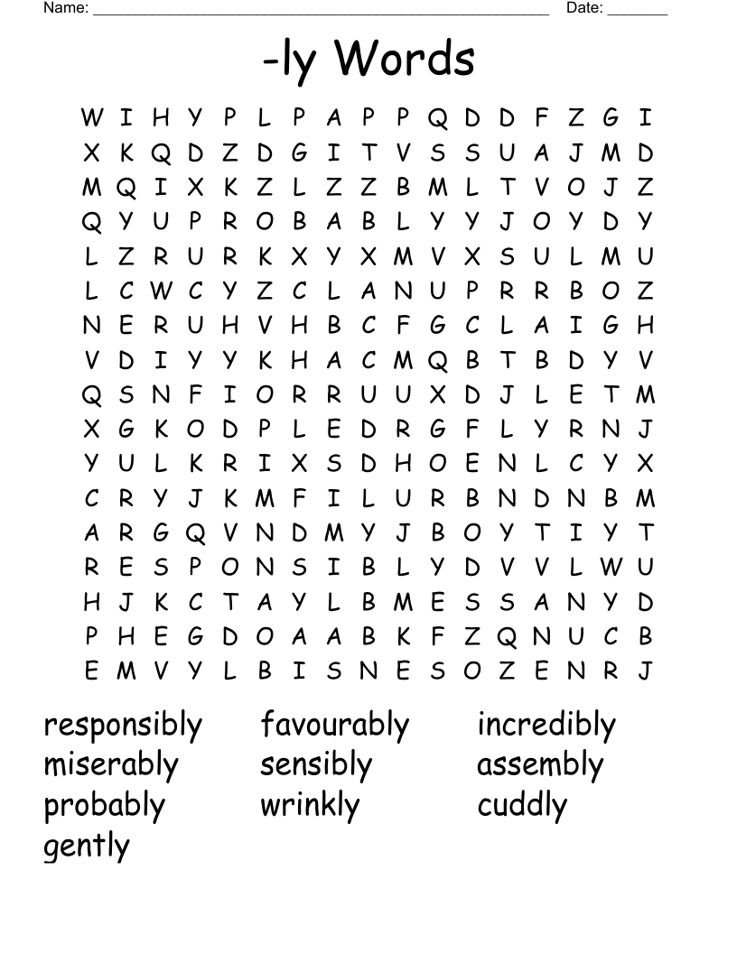 -ly Words Word Search