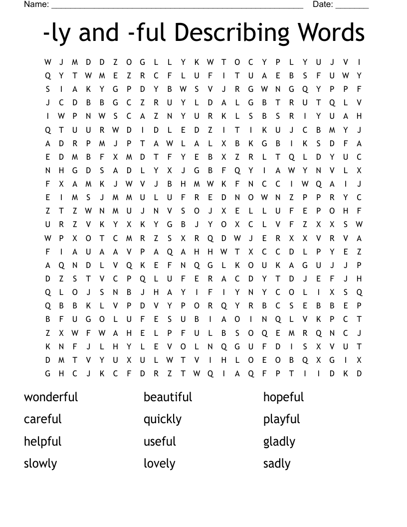 -ly and -ful Describing Words Word Search