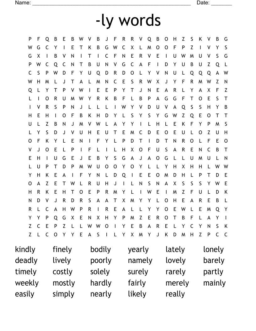 -ly words Word Search