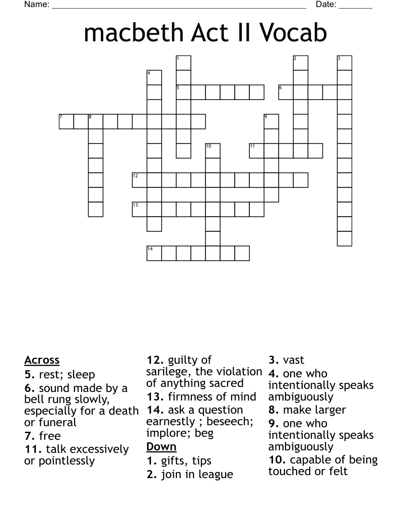 macbeth Act II Vocab Crossword