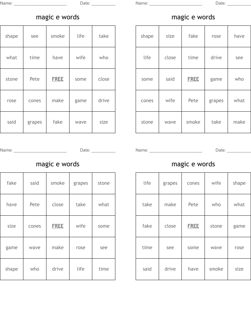 magic e words Bingo Cards