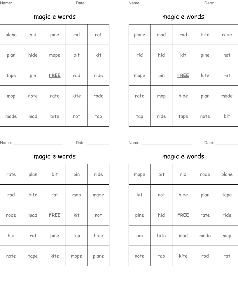 magic e words  Bingo Cards