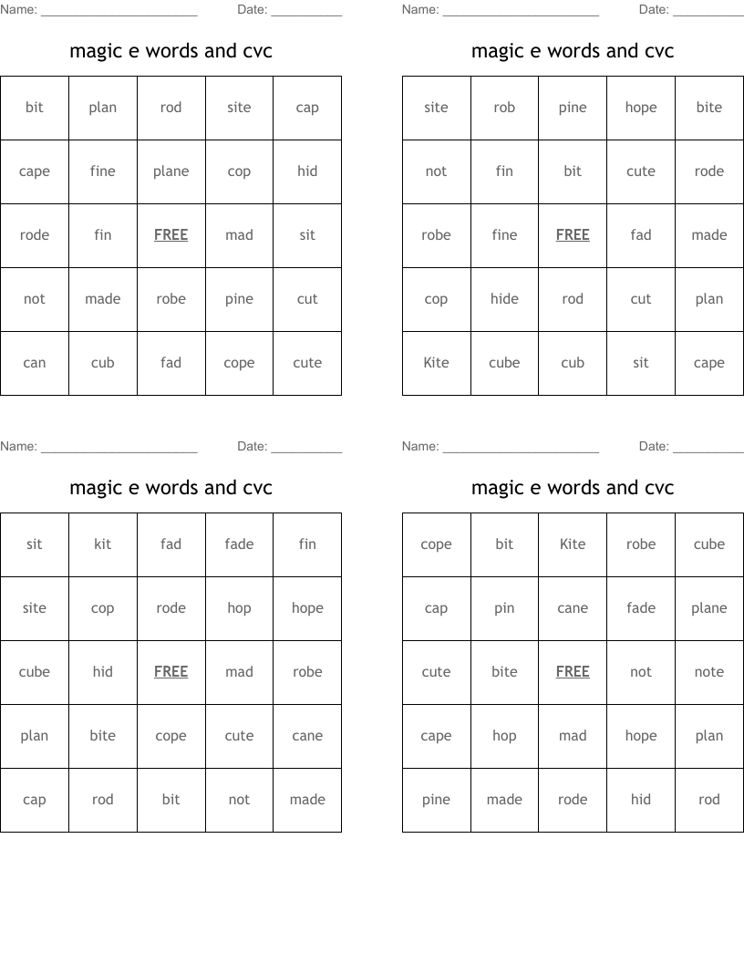 magic e words and cvc Bingo Cards