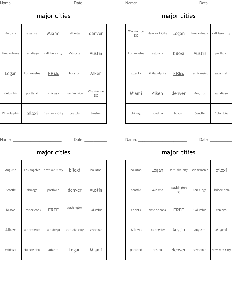 major cities  Bingo Cards