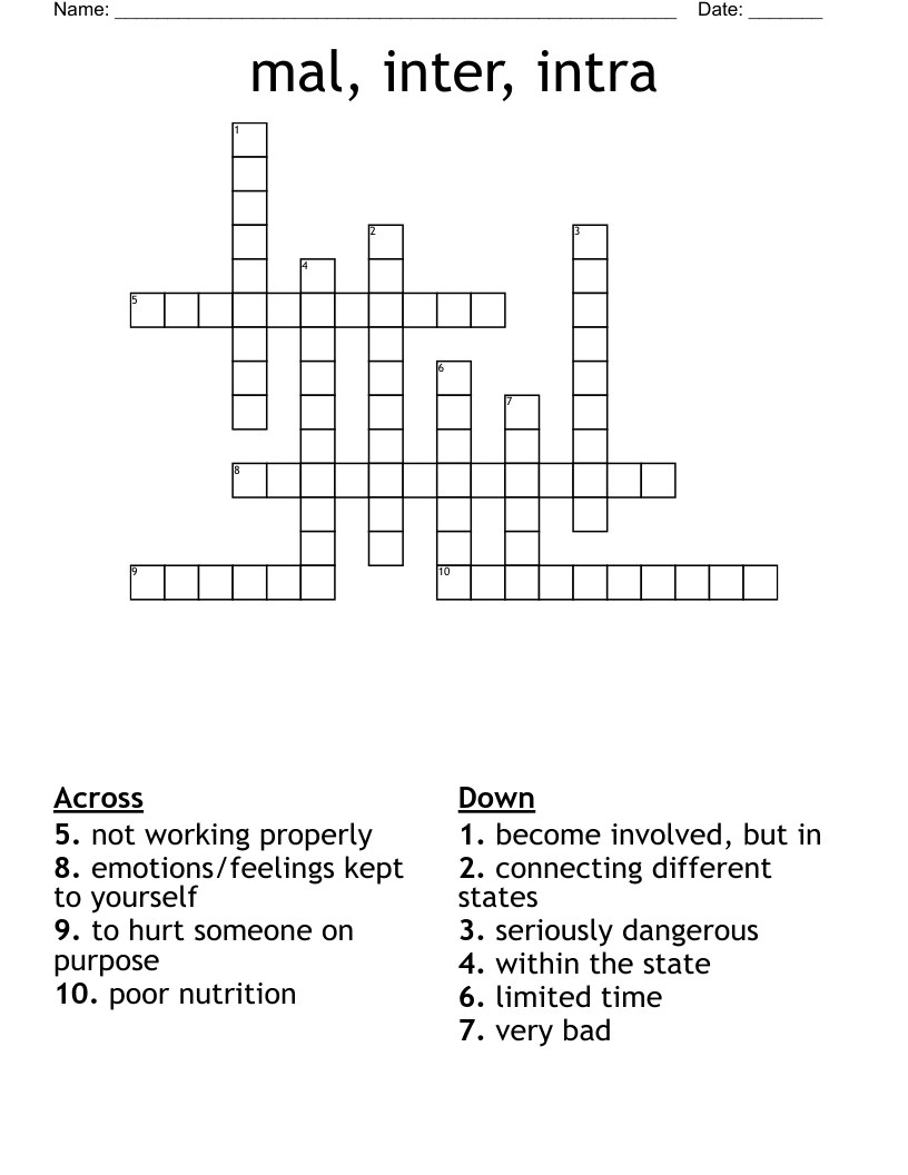 mal, inter, intra Crossword