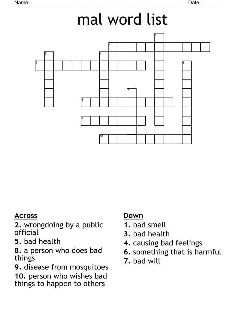 mal word list Crossword