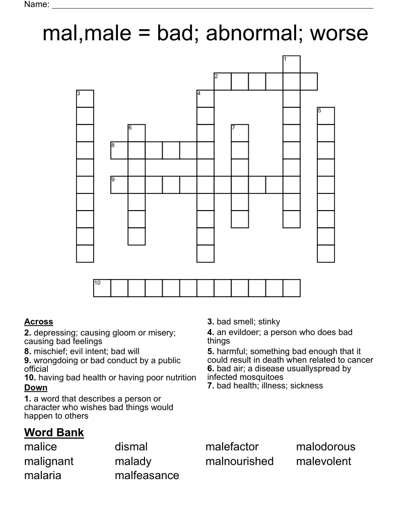 mal,male = bad; abnormal; worse Crossword