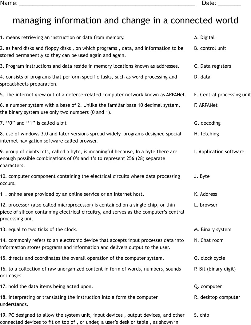 managing information and change in a connected world Worksheet