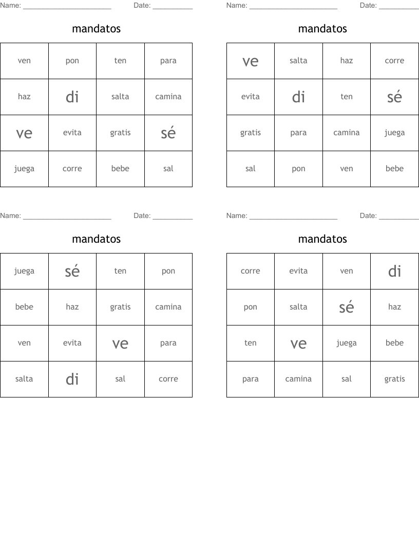 mandatos Bingo Cards