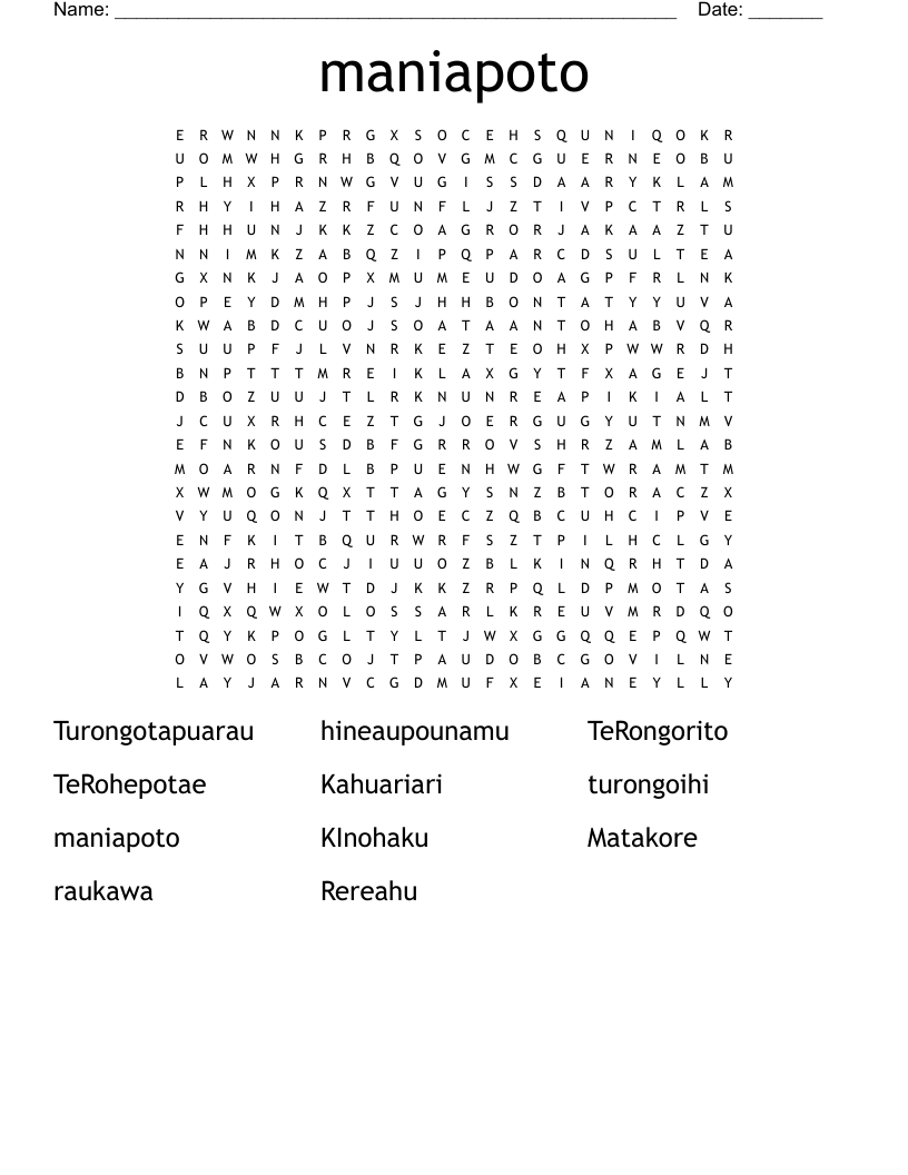 maniapoto Word Search
