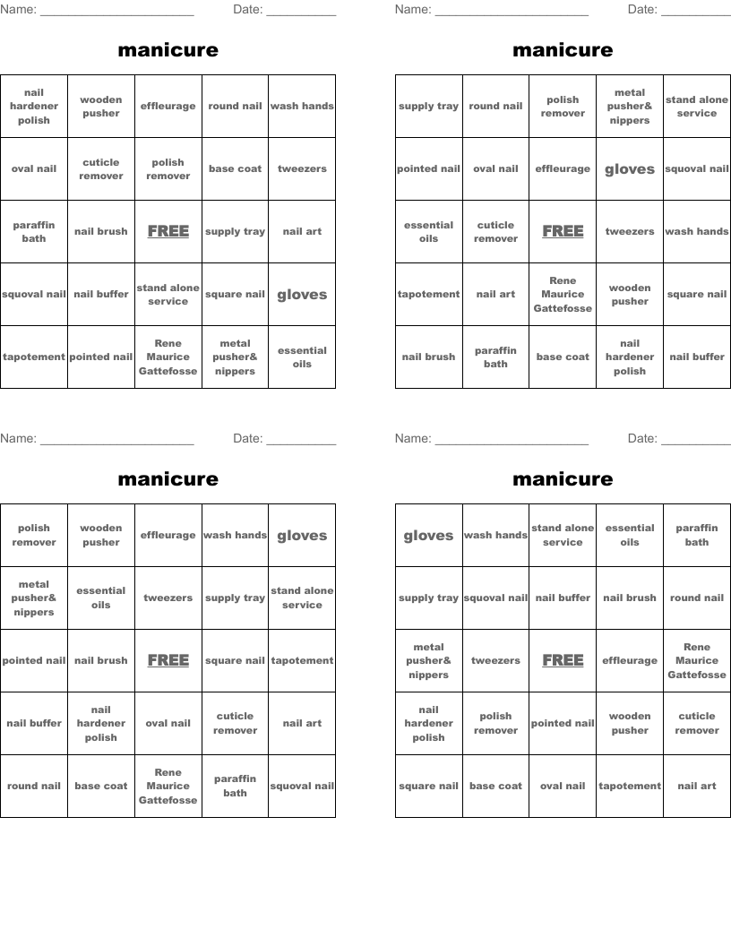 manicure Bingo Cards