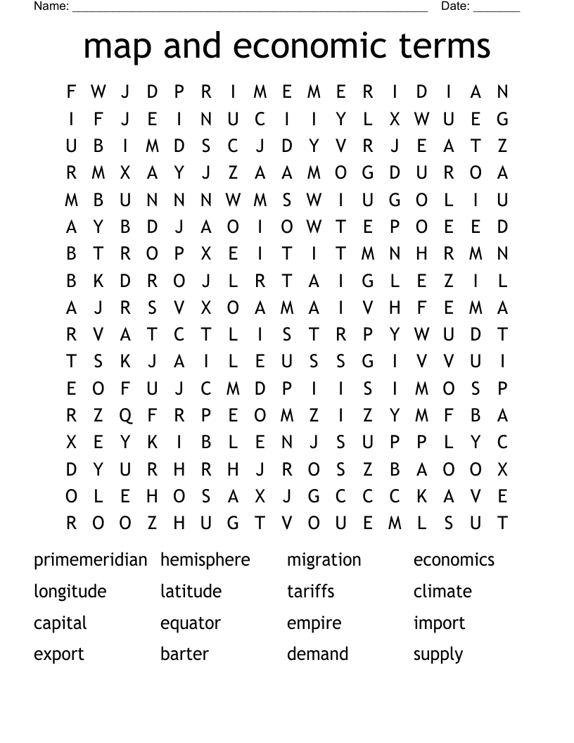 map and economic terms Word Search