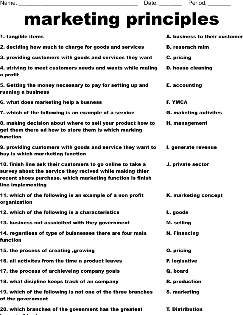 marketing  principles Worksheet