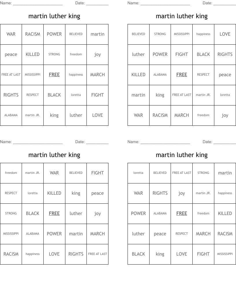 martin luther king Bingo Cards