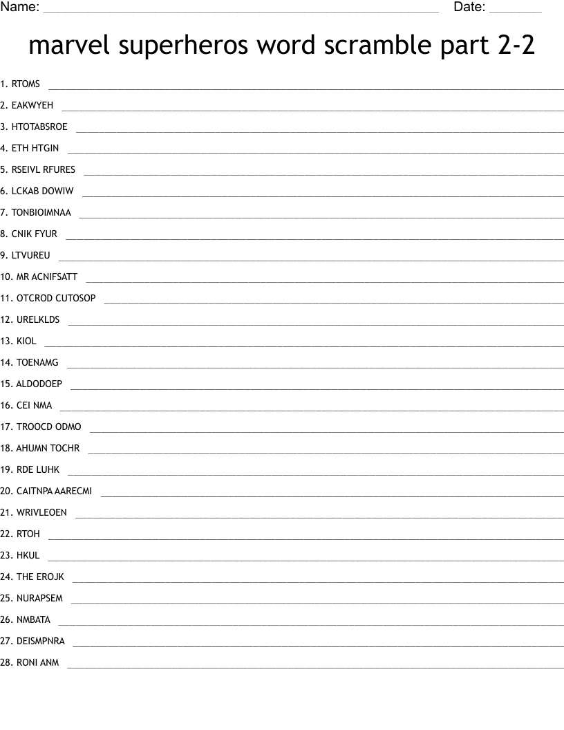 marvel superheros word scramble part 2-2