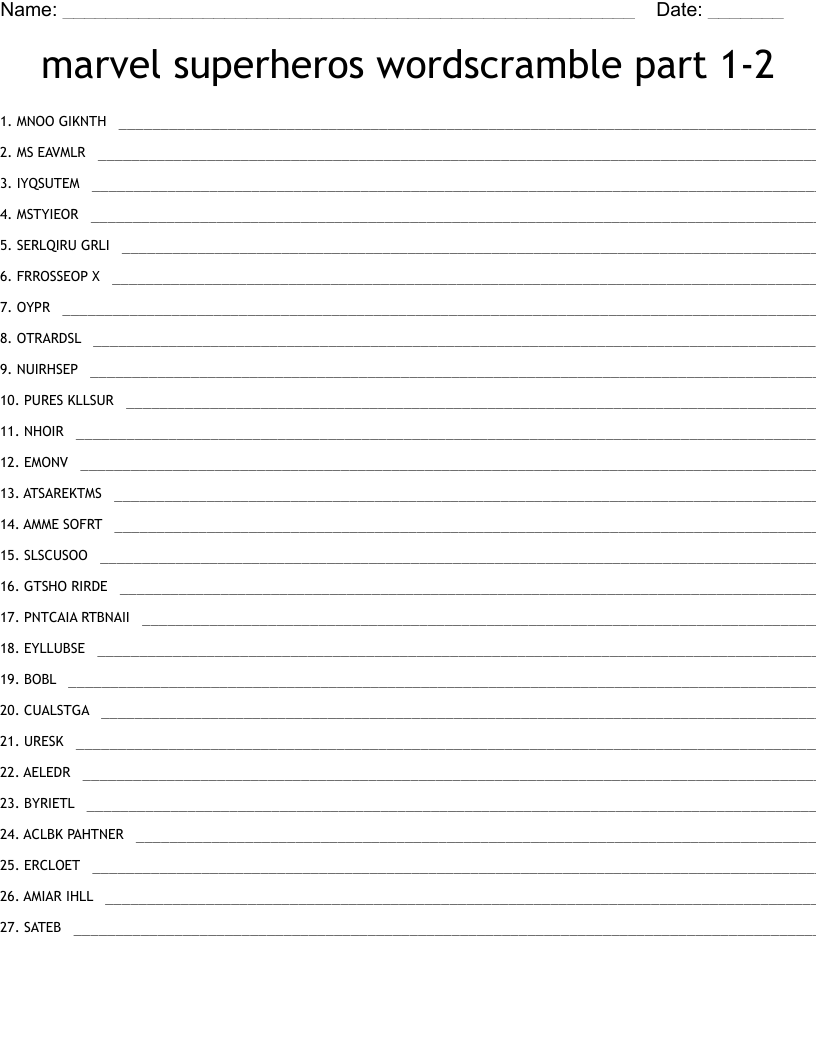 marvel superheros wordscramble part 1-2