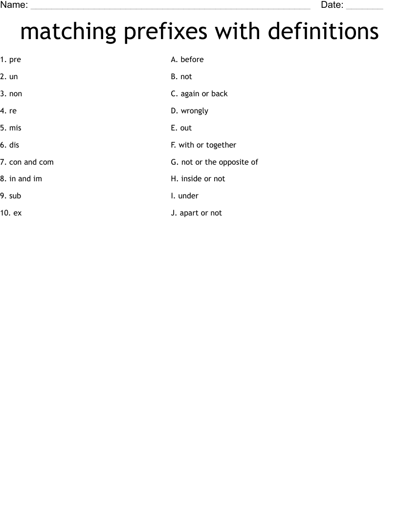 matching prefixes with definitions Worksheet
