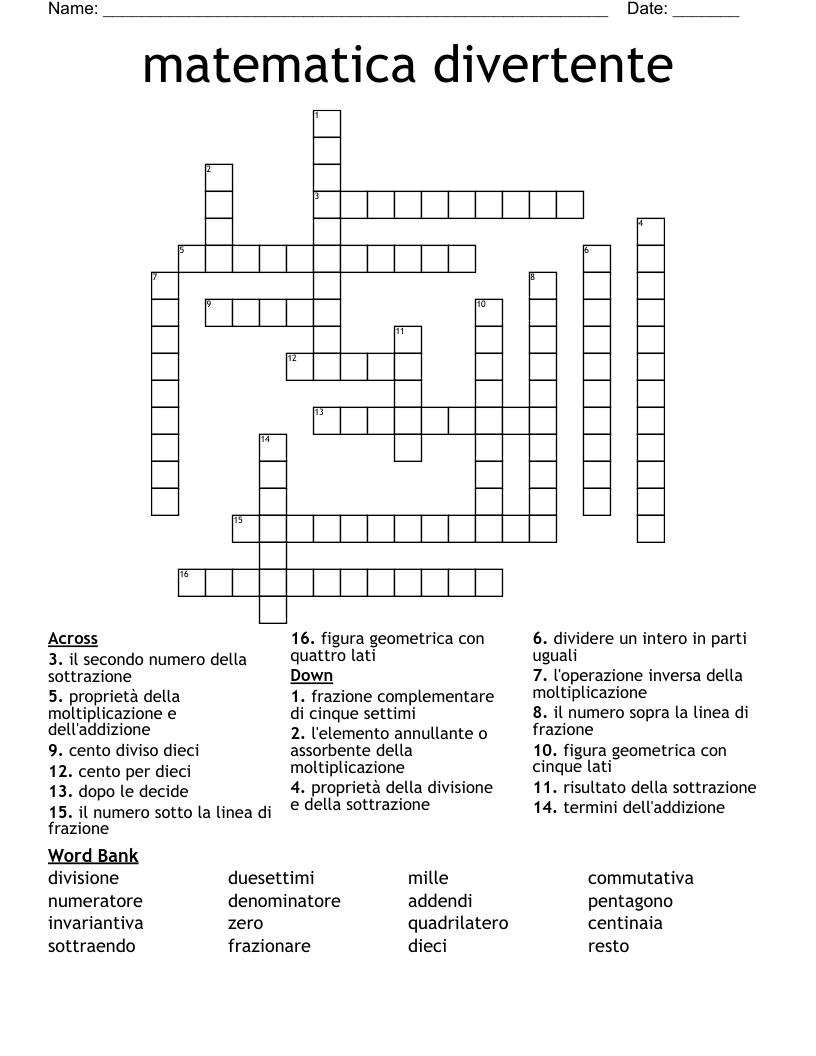 matematica divertente Crossword