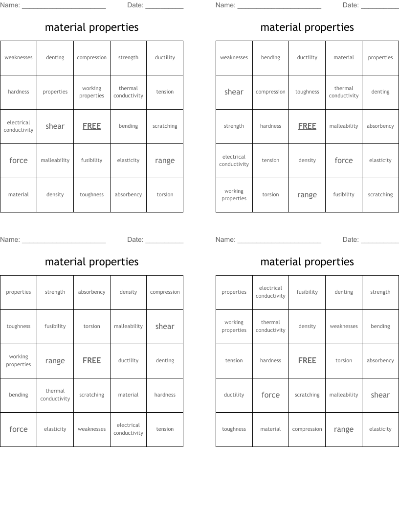material properties Bingo Cards