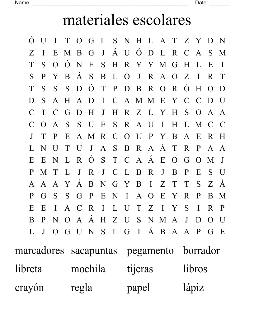 materiales escolares Word Search