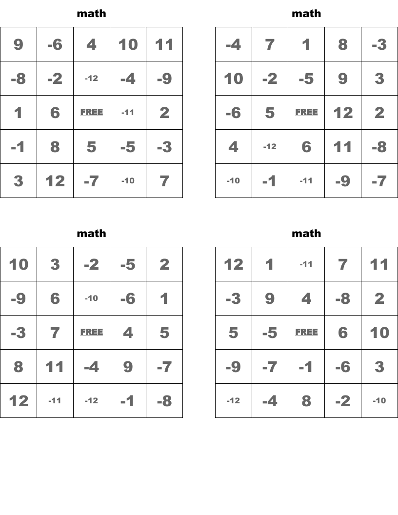 math Bingo Cards