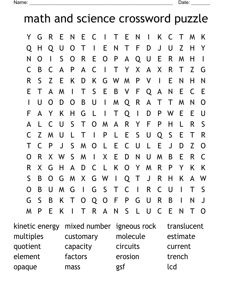 math and science crossword puzzle Word Search