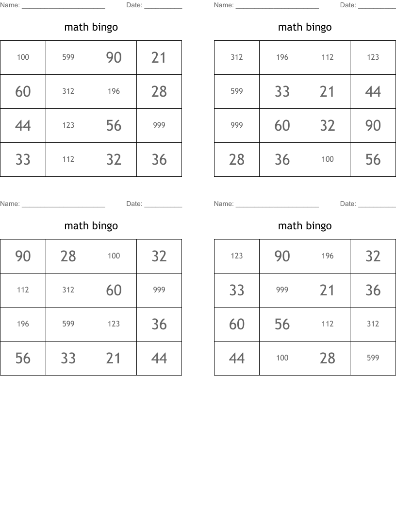 math bingo