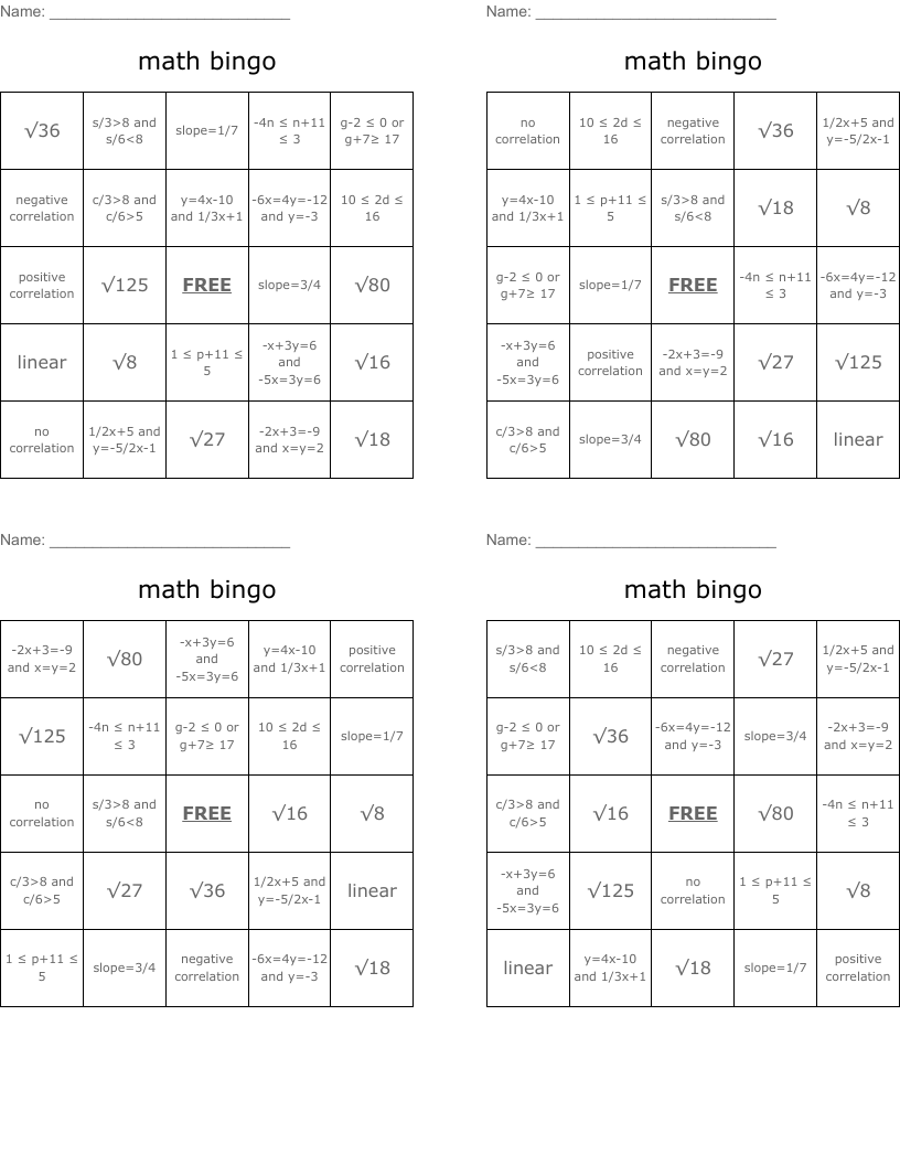 math bingo