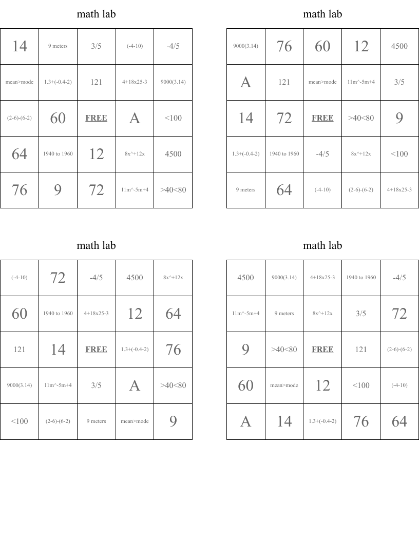 math lab  Bingo Cards