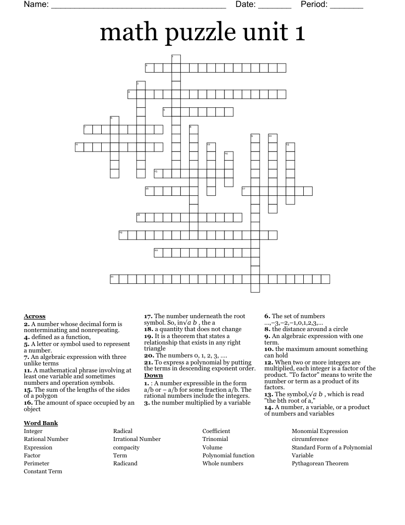 math puzzle unit 1 Crossword