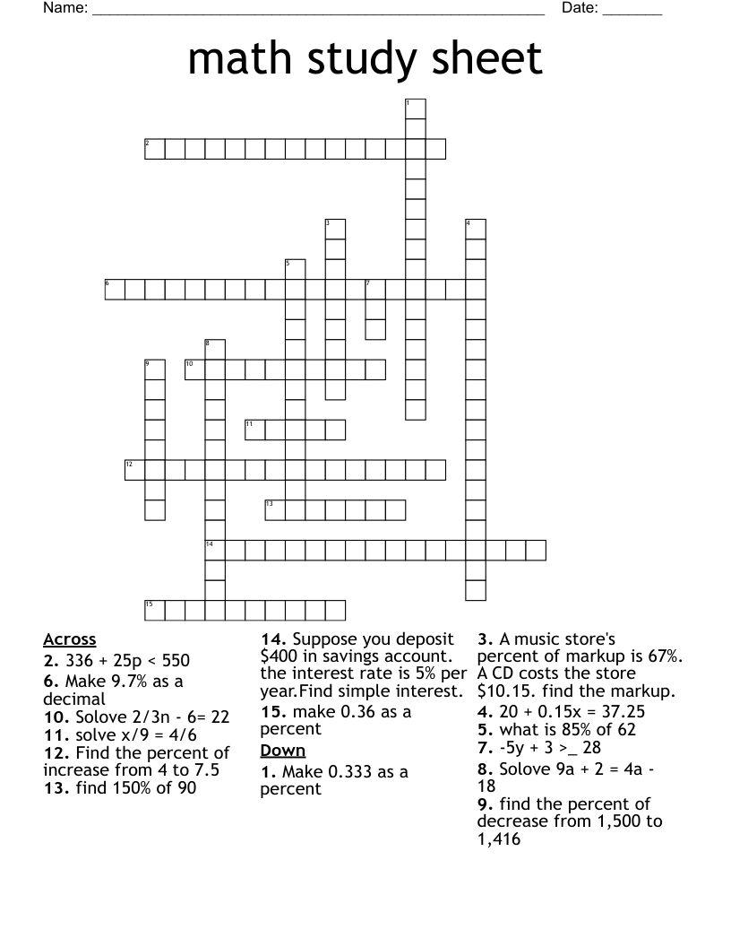 math study sheet Crossword