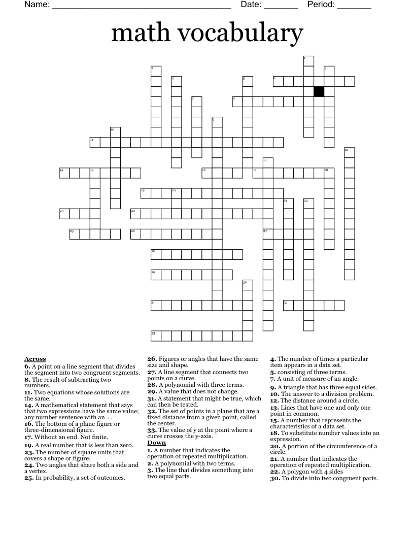math vocabulary  Crossword
