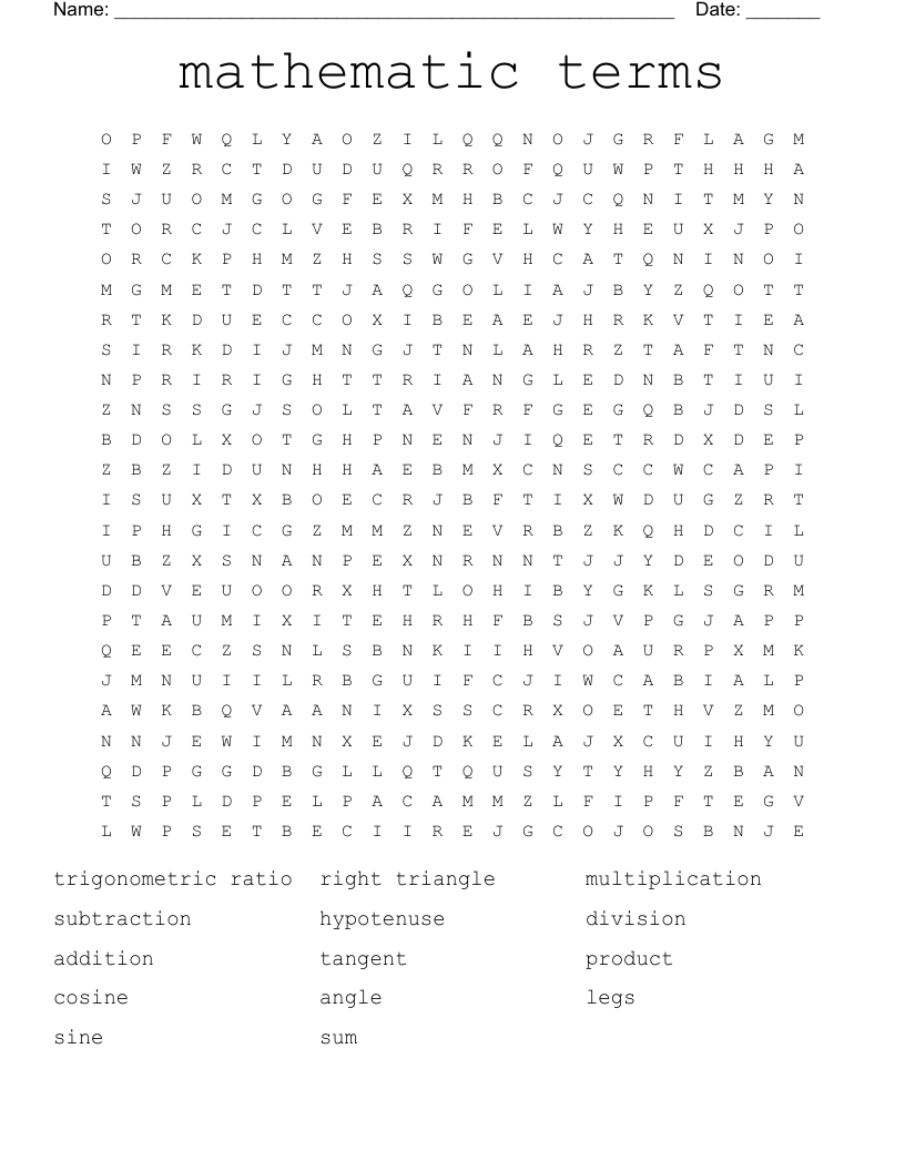 mathematic terms  Word Search