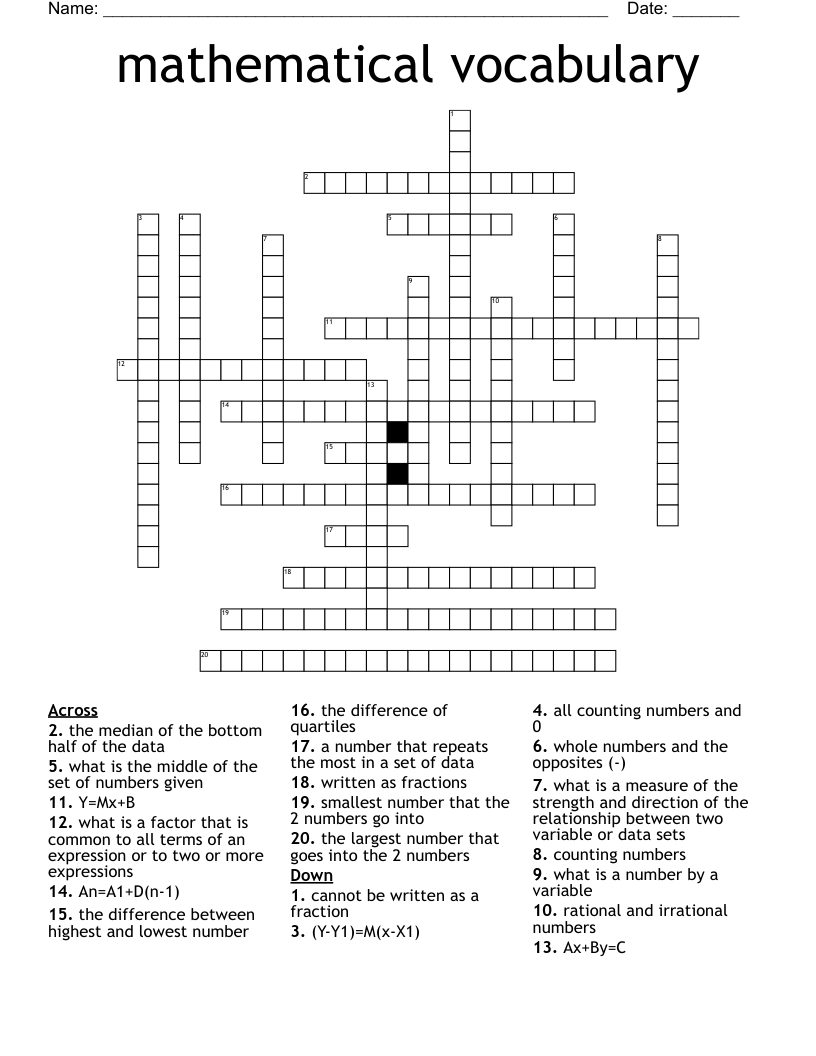 mathematical vocabulary  Crossword