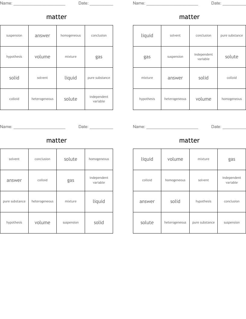 matter Bingo Cards