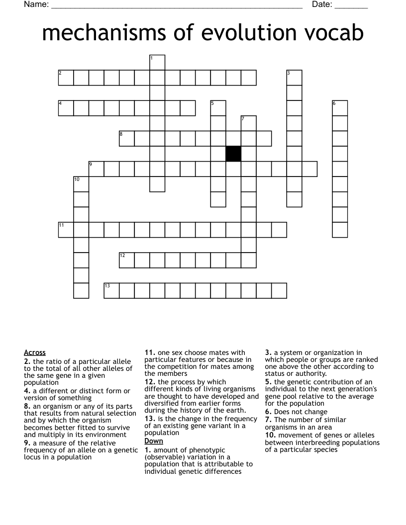 mechanisms of evolution vocab Crossword
